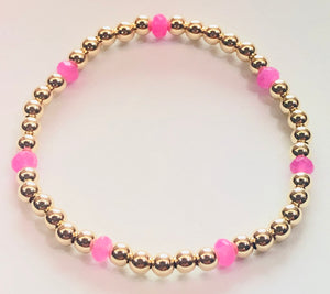 4mm 14kt Gold Filled Bead Bracelet with 4mm Hot Pink Jade Beads