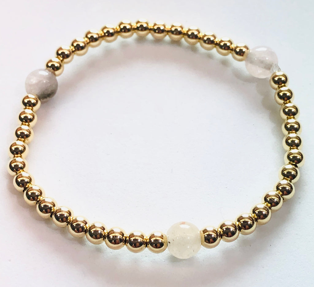 4mm 14kt Gold Filled Bead Bracelet with 3 6mm Pink Opal Jade Beads