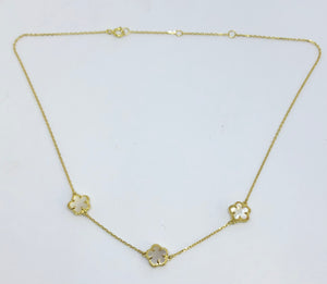 3 Mother of Pearl Flowers Necklace on Gold Chain 16"