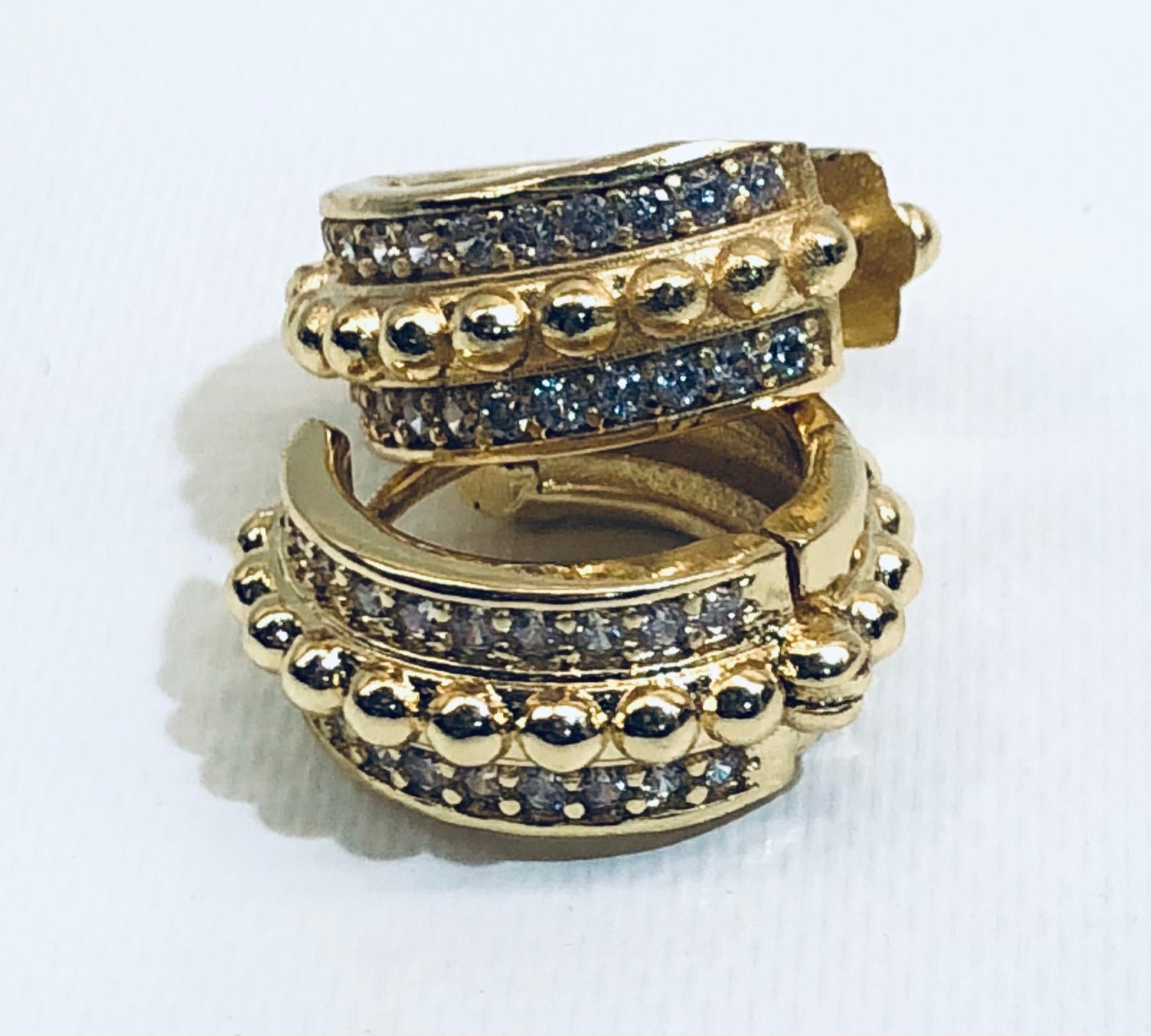 CZ Jeweled & Gold Bead Huggie Earrings 3/4"