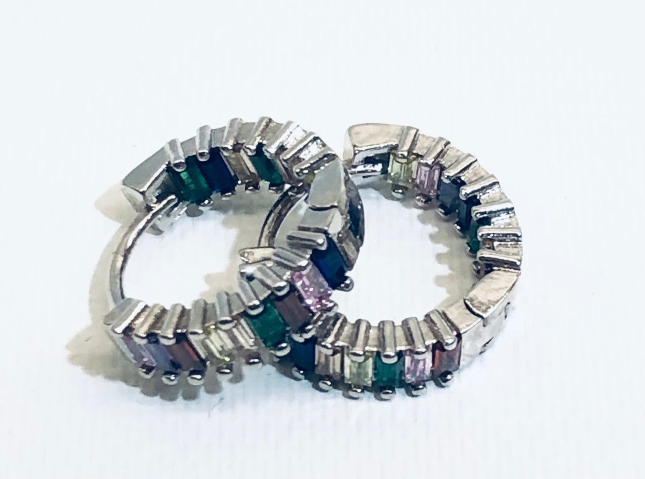 Multi Colored CZ Jeweled Silver Huggie Earrings 1/2"