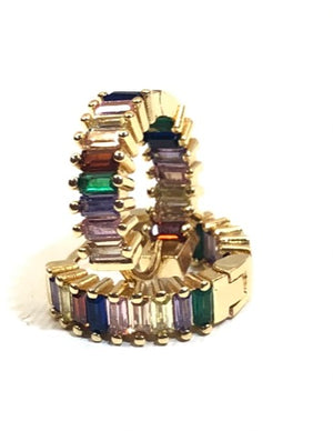 Multi Colored CZ Jeweled Gold Huggie Earrings 1/2"