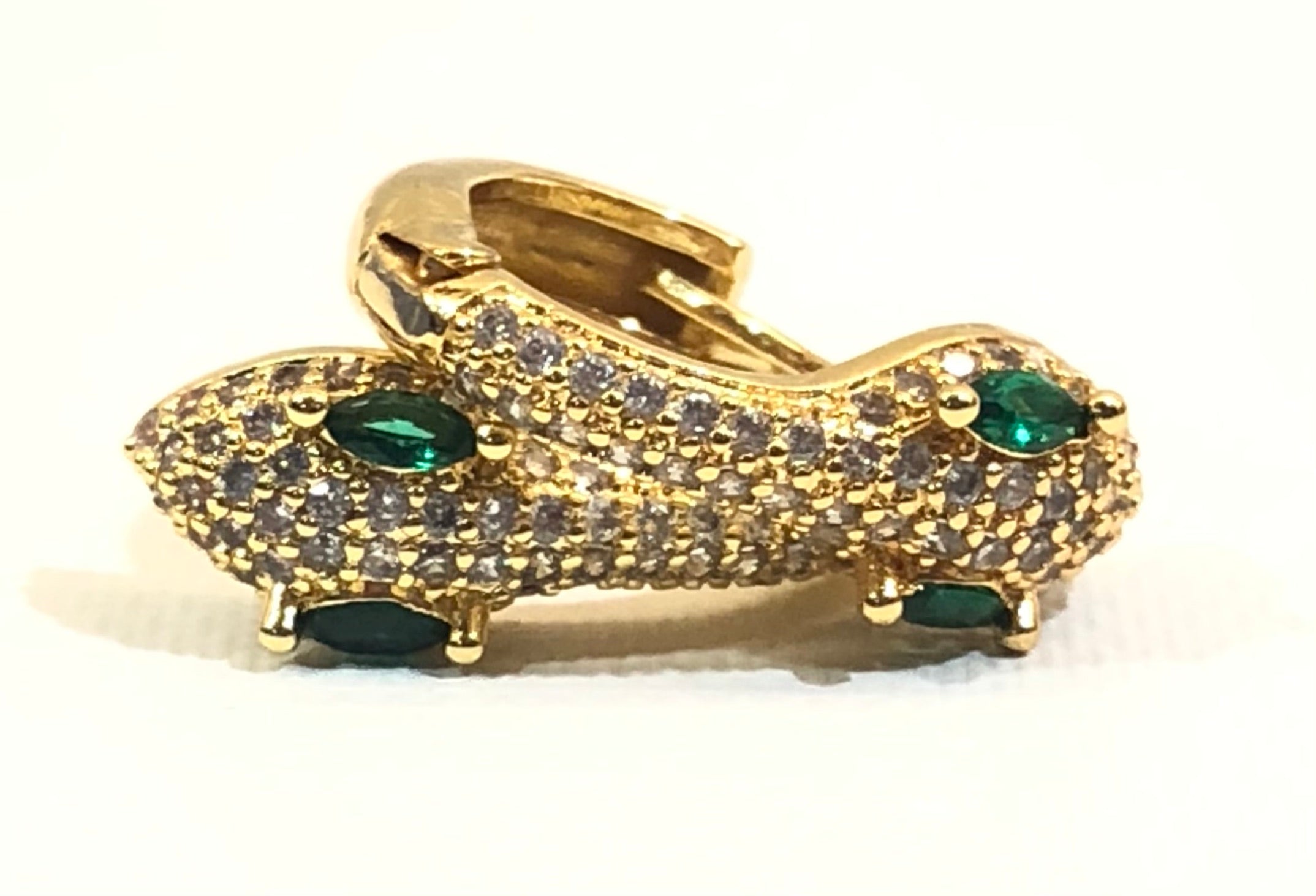 Green CZ Jeweled Eyes Gold Snake Huggie Earrings 1/2"