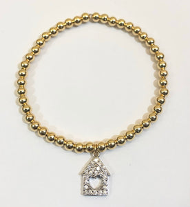 4mm 14k Gold Filled Bead Bracelet CZ Jeweled House with Heart Cutout