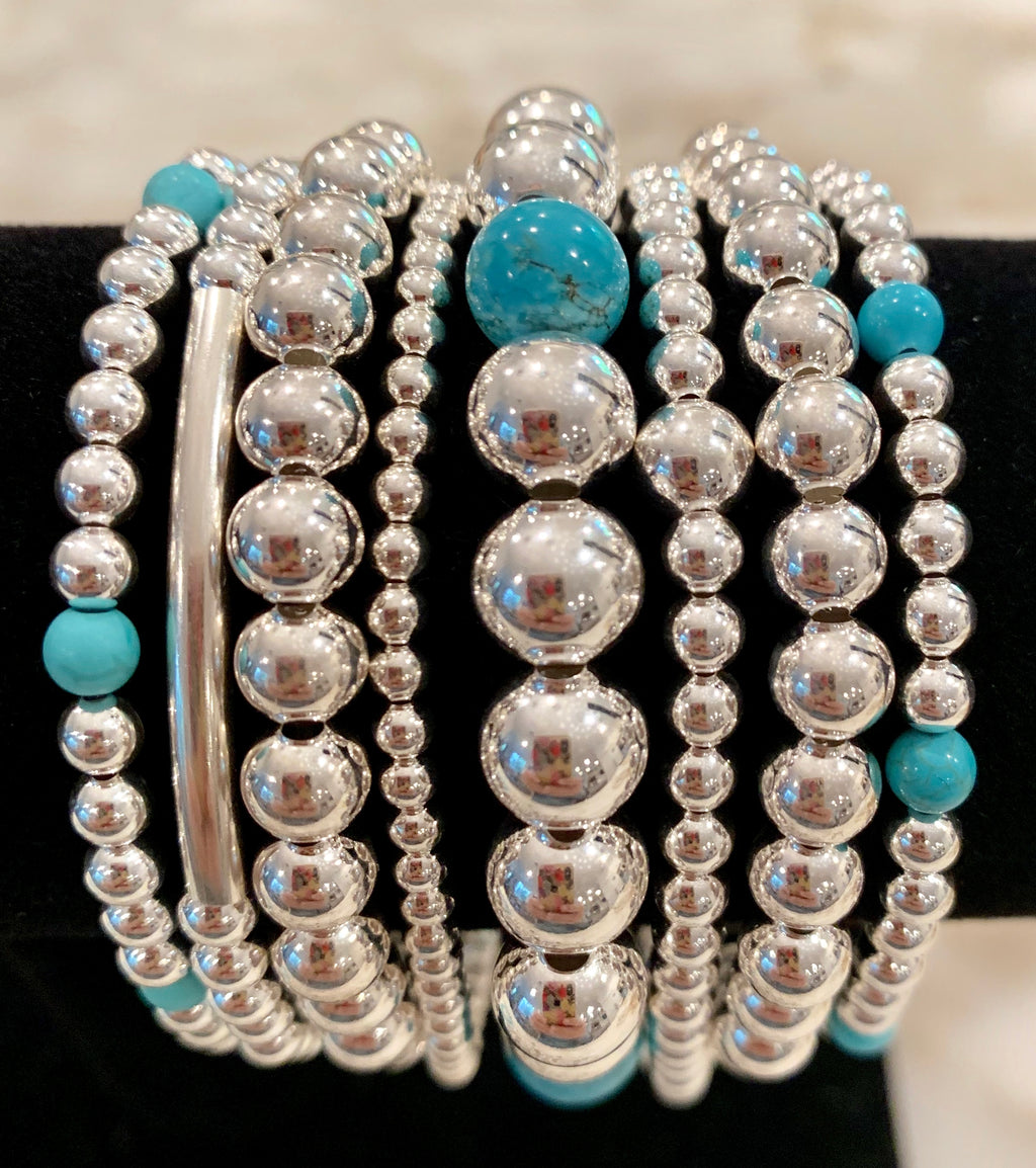 JULIANNA 8 Piece Sterling Silver Bead Bracelet Stack with Turquoise Stones