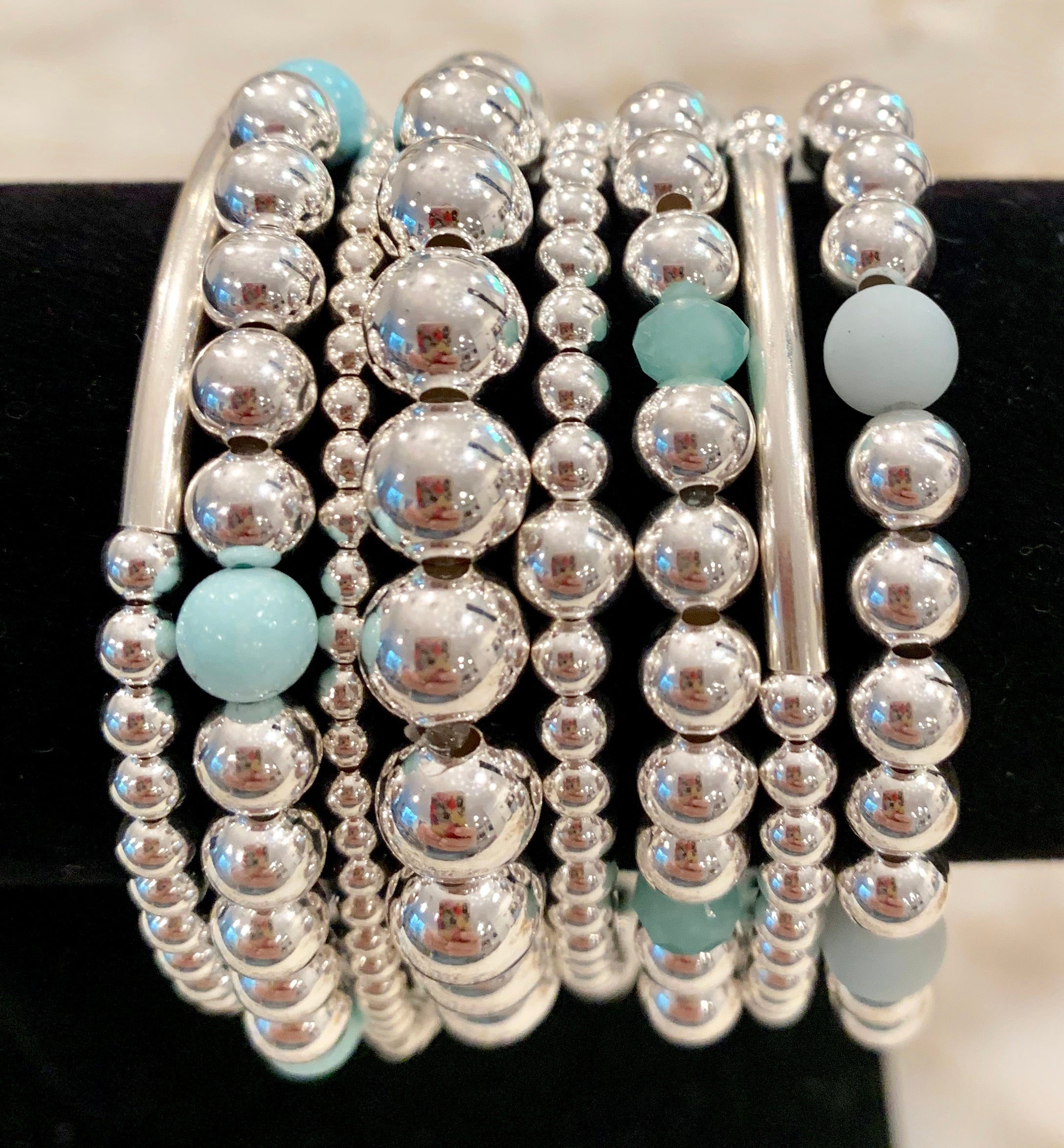 MUFFY 8 Piece Sterling Silver Bead Bracelet Stack with Pale Turquoise, Green Opal and Matte Aquamarine Stones