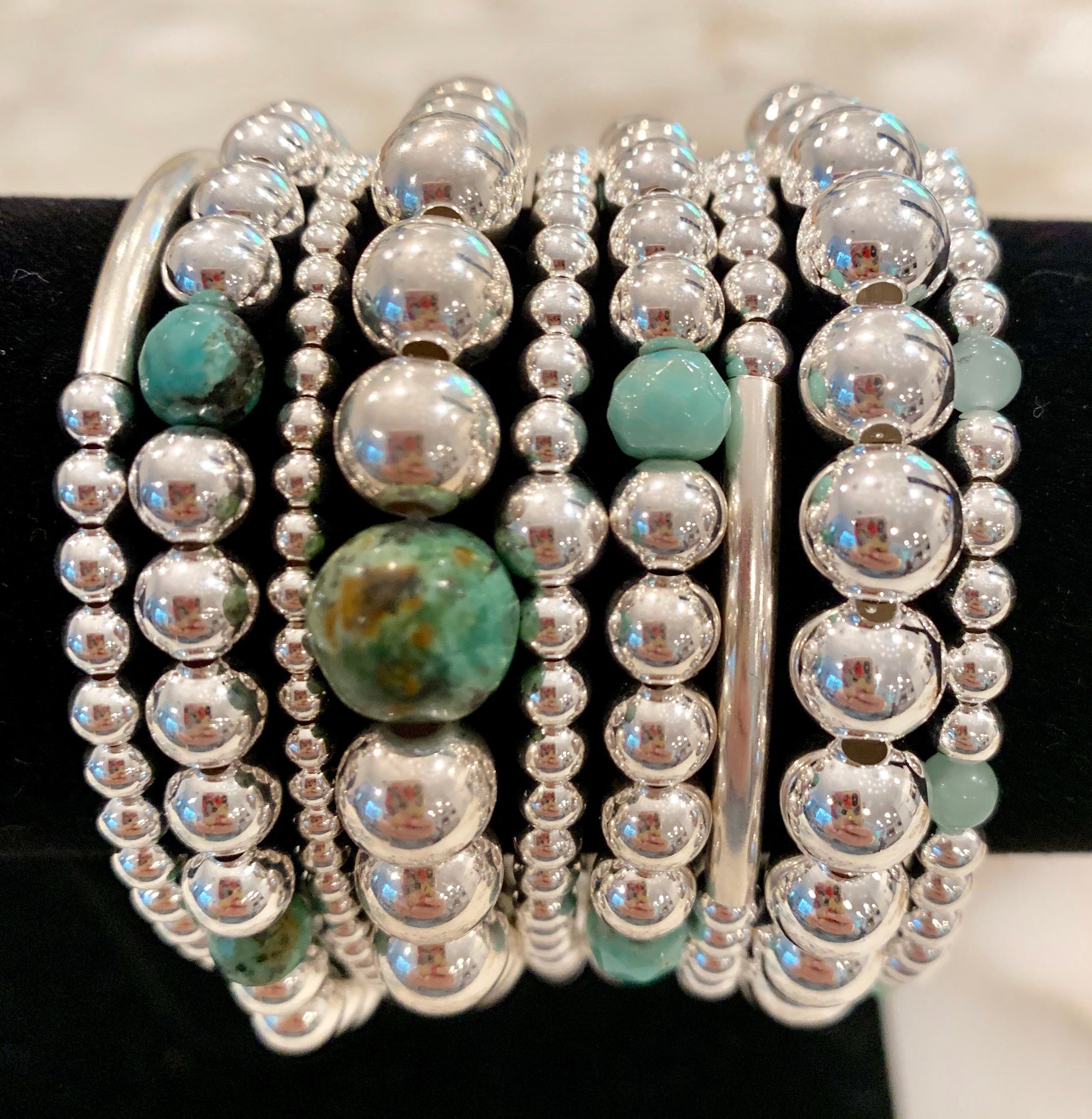 BETH 9 Piece Sterling Silver Bead Bracelet Stack with Africa Turquoise, Green Opal and Pale Green Jade