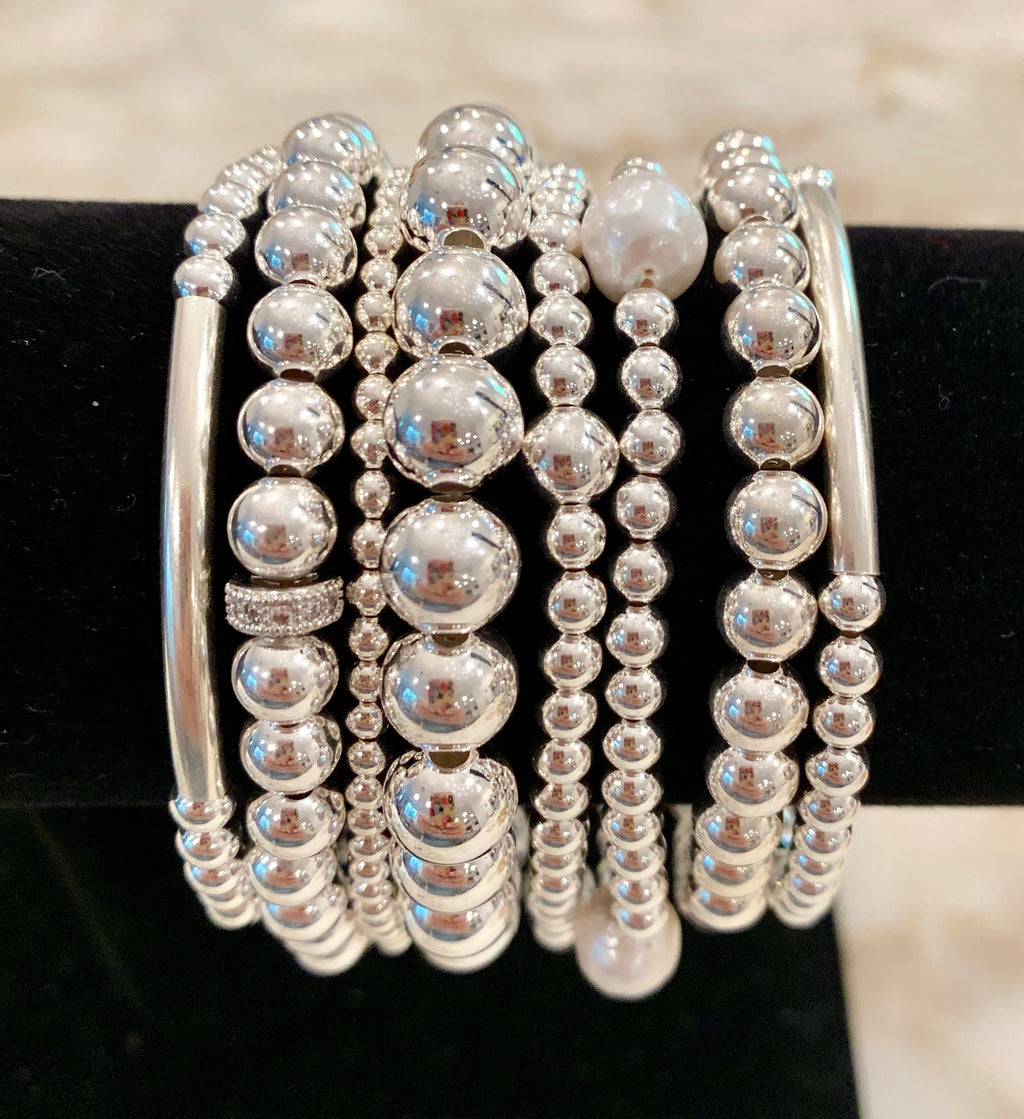 EMMA 8 Piece Sterling Silver Bead Bracelet Stack with CZ Spacer and Fresh Water Pearls