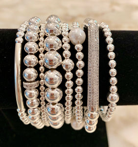 KERRIN 8 Piece Sterling Silver Bead Bracelet Stack with CZ Spacer, Fresh Water Pearls and CZ Bling Bar