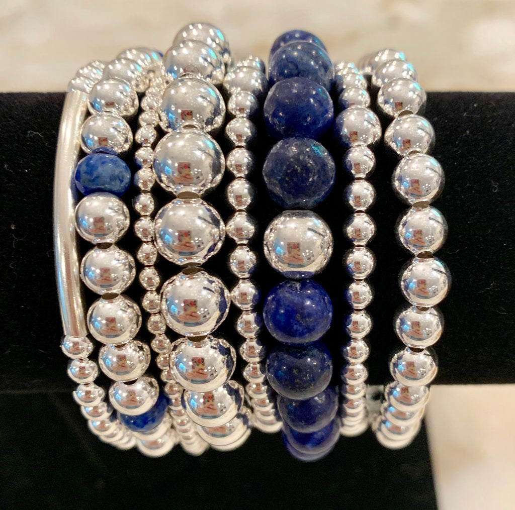 JOAN 8 Piece Sterling Silver Bead Bracelet Stack with Lapis Stones