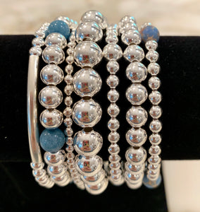 CALLIE 7 Piece Sterling Silver Bead Bracelet Stack with Pale Blue Jade and Japser Stones
